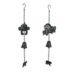 Set of 2 Black Cast Iron Bear Wind Chime Hanging Bells Outdoor Home Cabin Decor